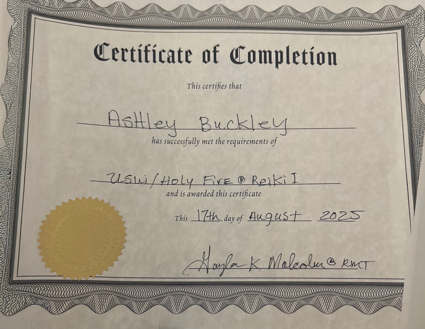 Ashley Buckley, Usui/Holy Fire® Reiki I Certificate of Completion